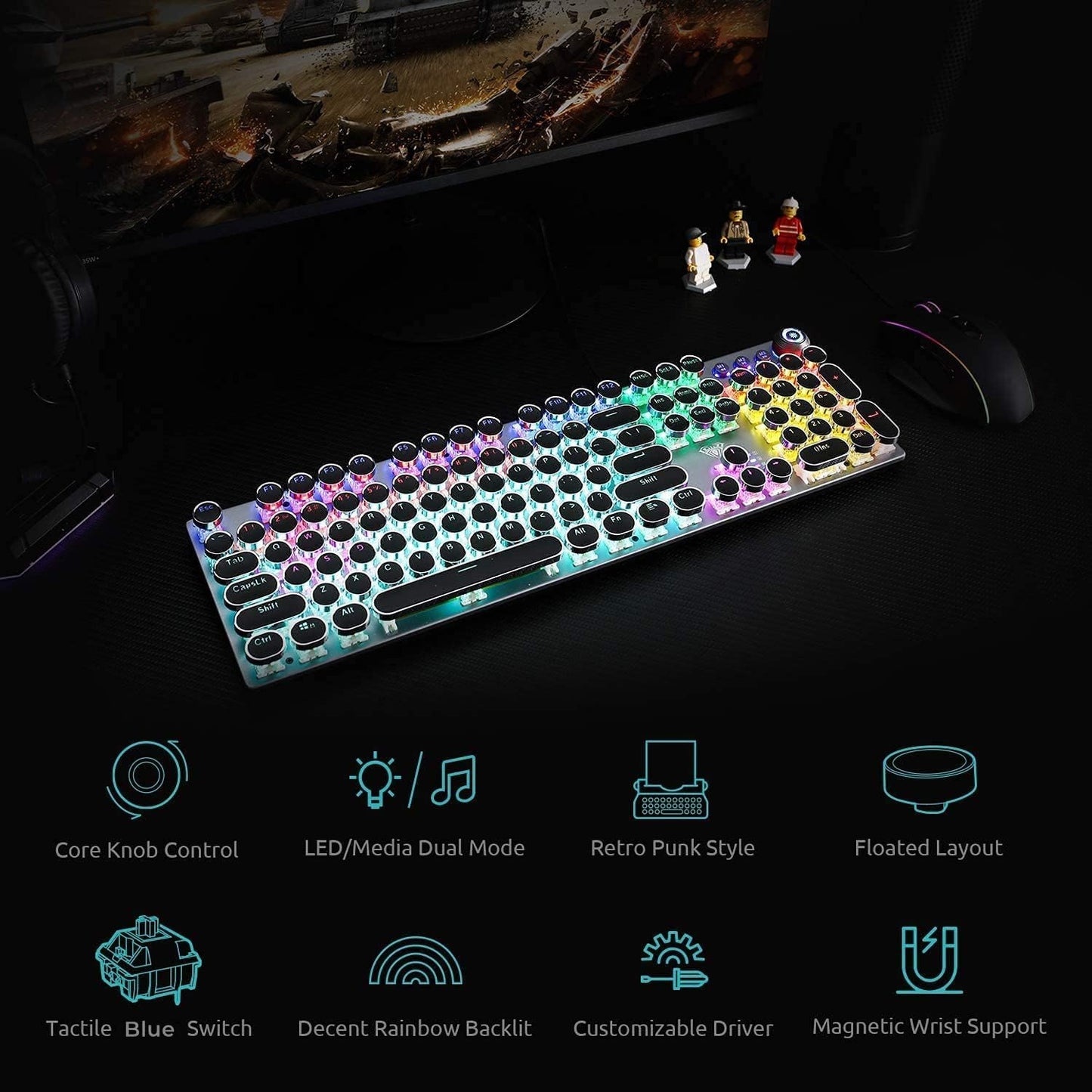 Typewriter Style Mechanical Gaming Keyboard Blue Switches LED